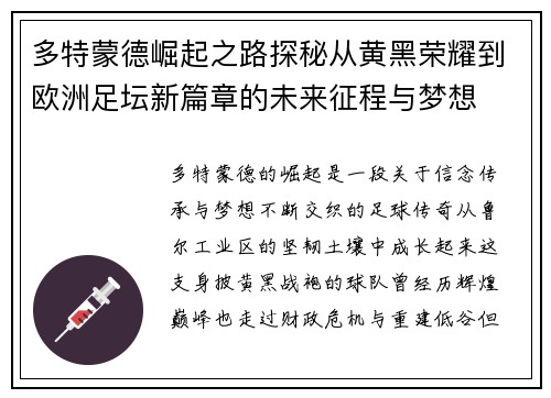 多特蒙德崛起之路探秘从黄黑荣耀到欧洲足坛新篇章的未来征程与梦想